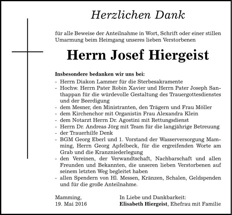 Traueranzeige Josef Hiergeist