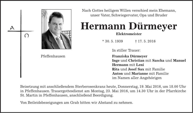 Traueranzeige Hermann Dürmeyer