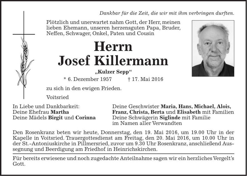 Traueranzeige Josef Killermann