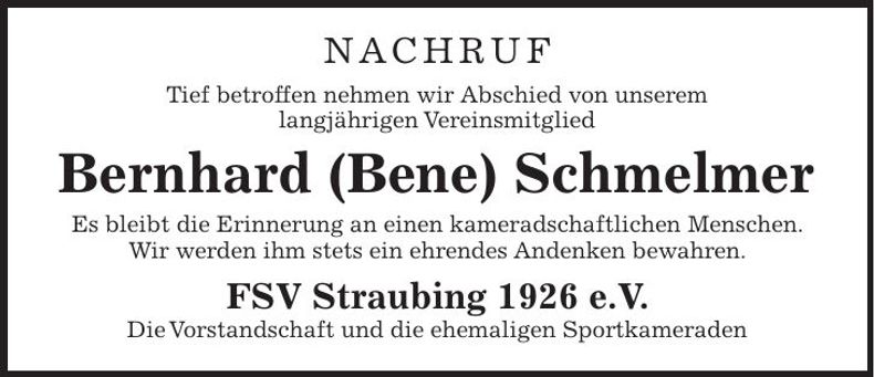 Traueranzeige Bernhard (Bene) Schmelmer