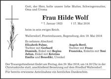 Traueranzeige Hilde Wolf