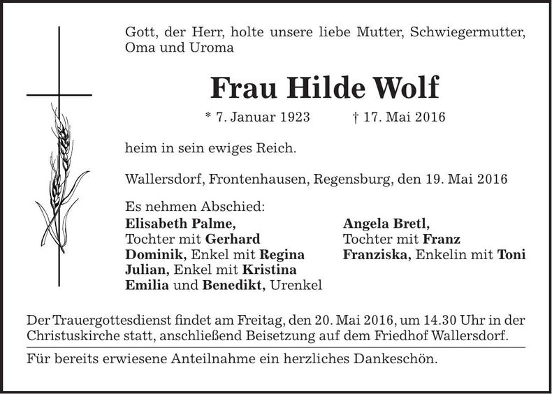 Traueranzeige Hilde Wolf