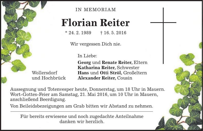 Traueranzeige Florian Reiter