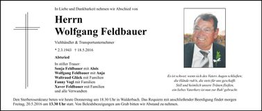 Traueranzeige Wolfgang Feldbauer