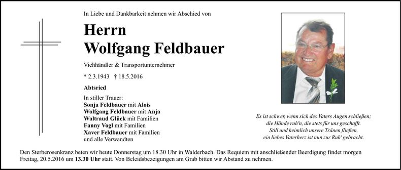 Traueranzeige Wolfgang Feldbauer