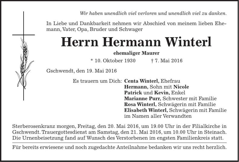 Traueranzeige Hermann Winterl