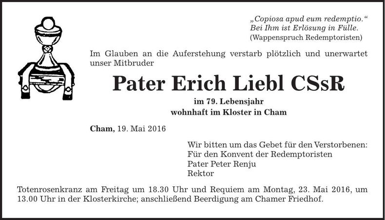 Traueranzeige Pater Erich Liebl