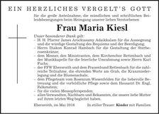 Traueranzeige Maria Kiesl