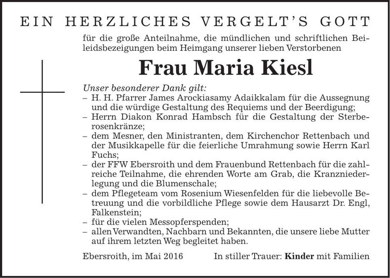 Traueranzeige Maria Kiesl
