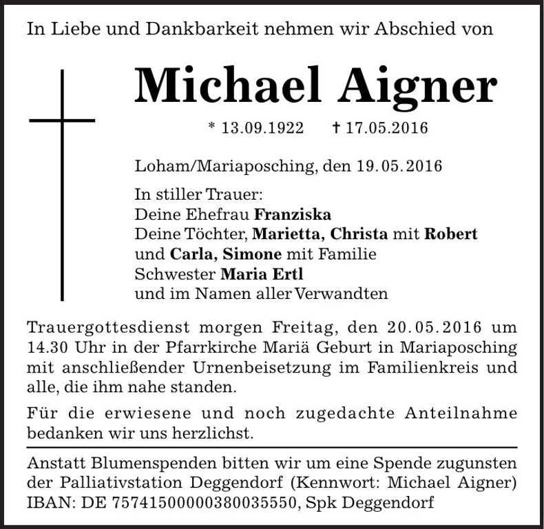 Traueranzeige Michael Aigner