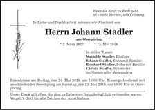 Traueranzeige Johann Stadler