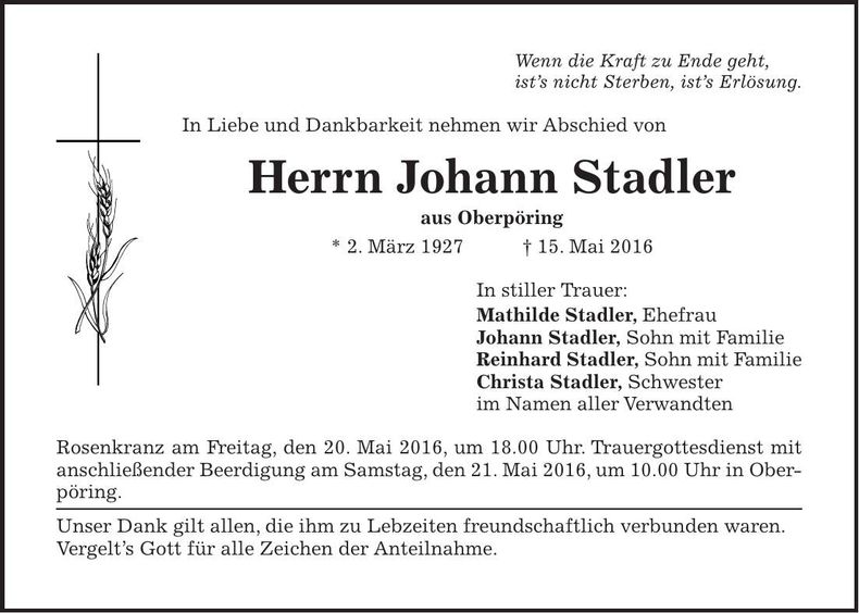 Traueranzeige Johann Stadler