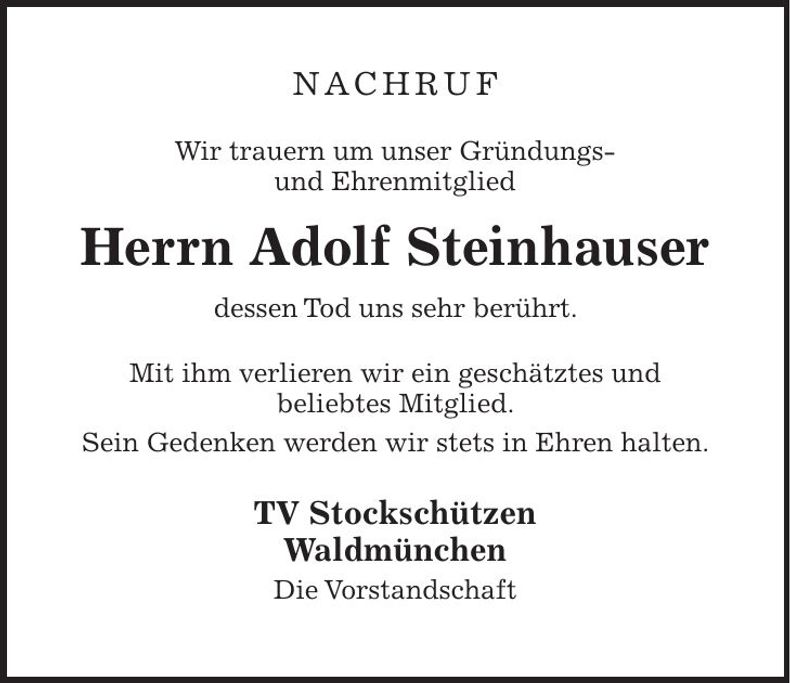 Traueranzeige Adolf Steinhauser