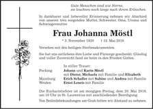 Traueranzeige Möstl Johanna