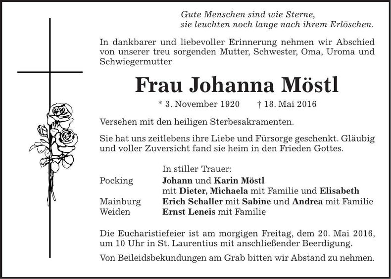 Traueranzeige Möstl Johanna