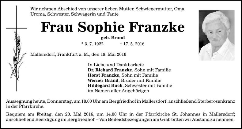 Traueranzeige Sophie Franzke