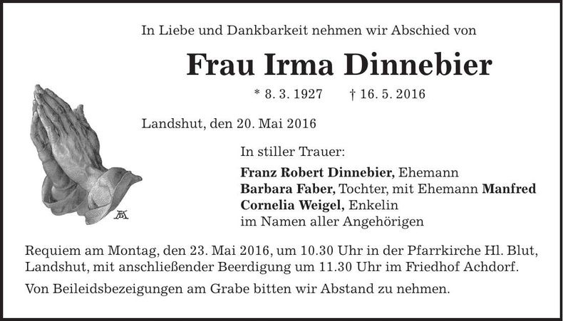 Traueranzeige Irma Dinnebier