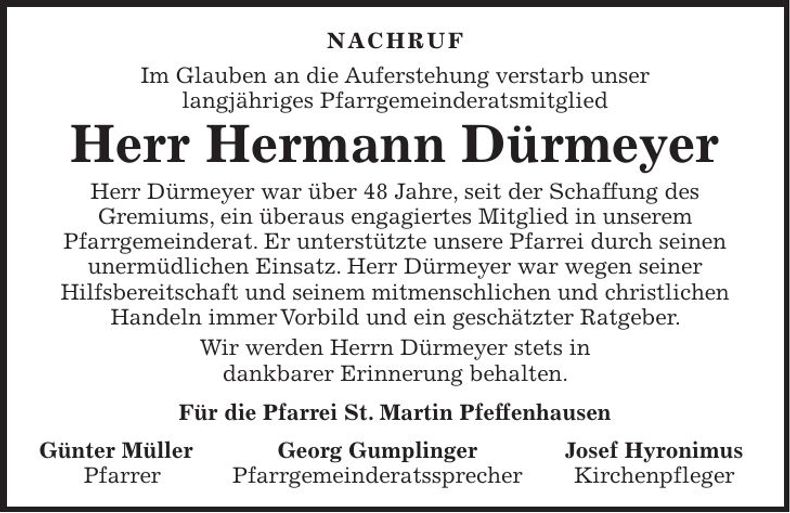 Traueranzeige Hermann Dürmeyer