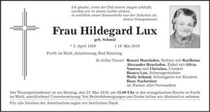 Traueranzeige Hildegard Lux