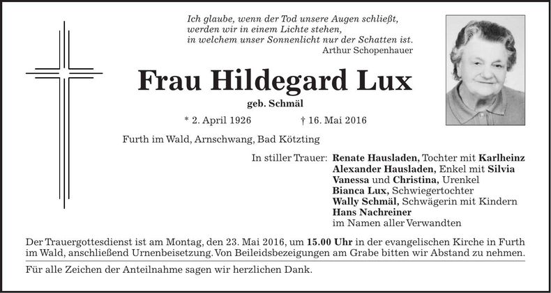 Traueranzeige Hildegard Lux