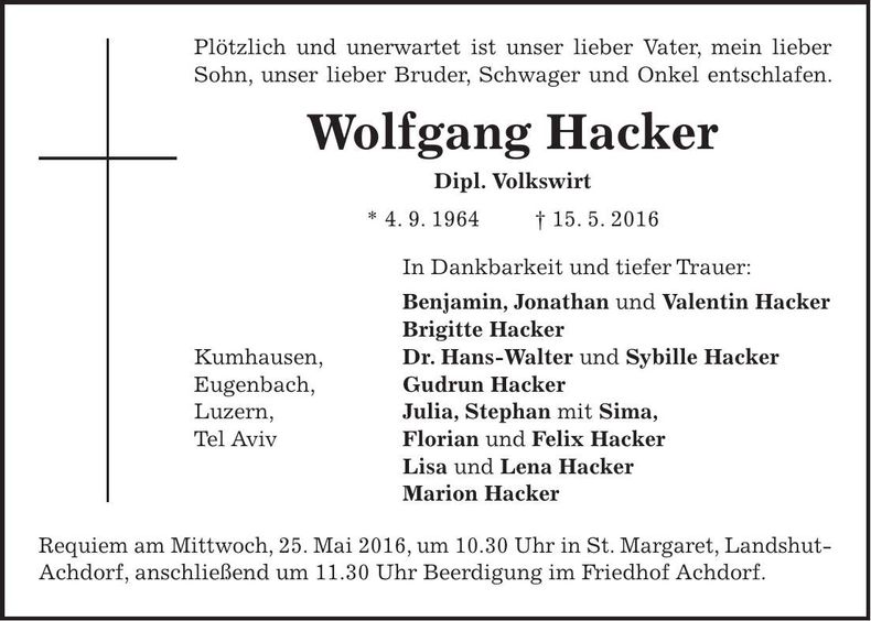 Traueranzeige Wolfgang Hacker