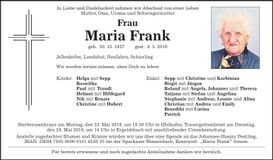 Traueranzeige Maria Frank