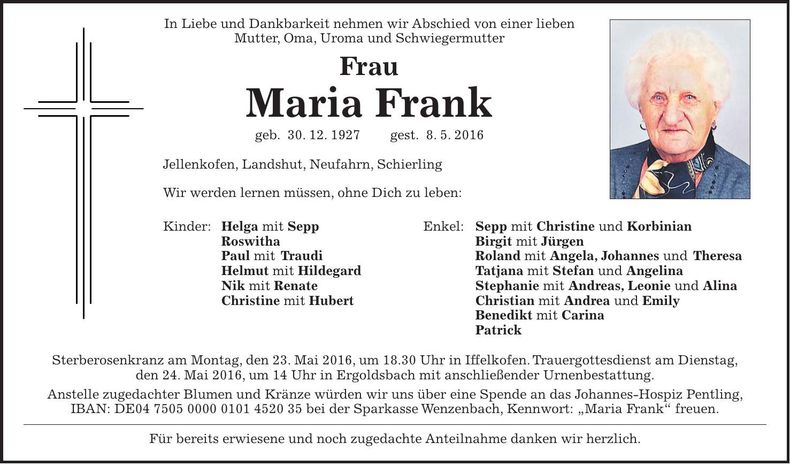 Traueranzeige Maria Frank