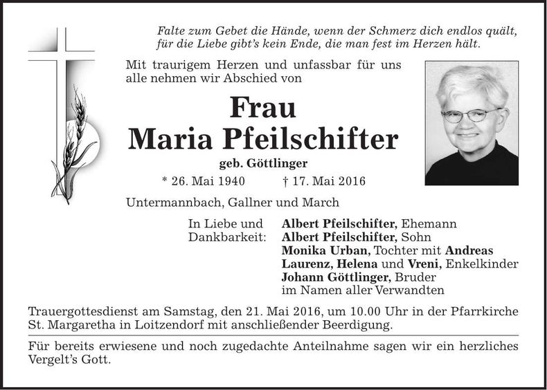 Traueranzeige Maria Pfeilschifter