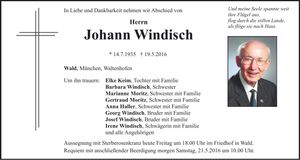 Traueranzeige Johann Windisch