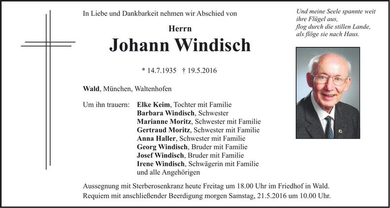 Traueranzeige Johann Windisch