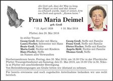 Traueranzeige Maria Deimel