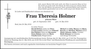 Traueranzeige Theresia Holmer