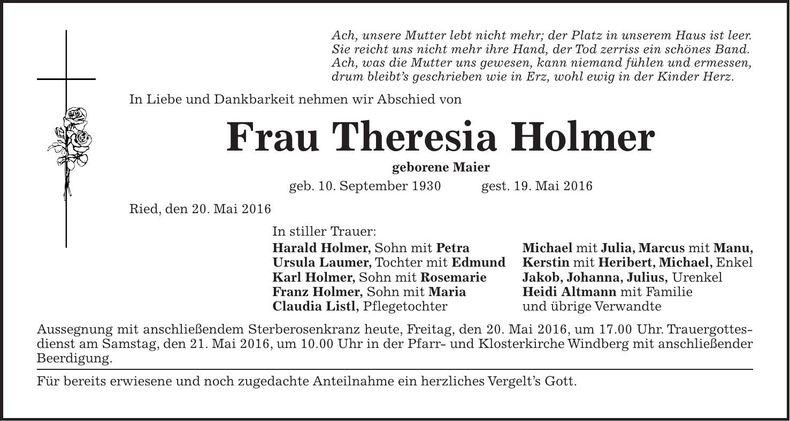 Traueranzeige Theresia Holmer