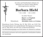 Traueranzeige Barbara Hiebl