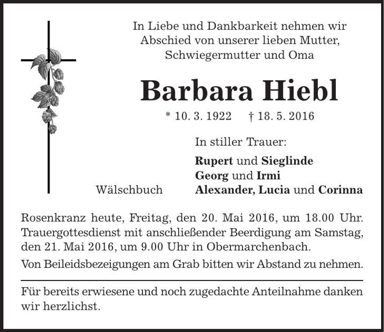Traueranzeige Barbara Hiebl