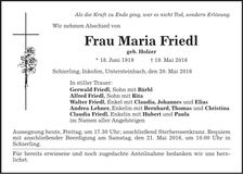 Traueranzeige Maria Friedl
