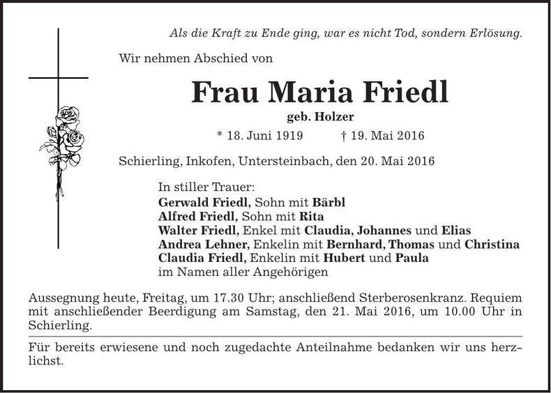 Traueranzeige Maria Friedl