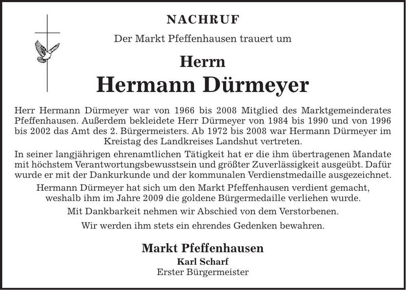 Traueranzeige Hermann Dürmeyer
