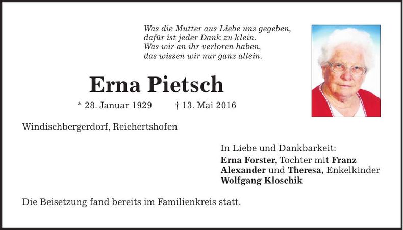 Traueranzeige Erna Pietsch