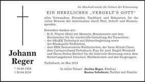 Traueranzeige Johann Reger