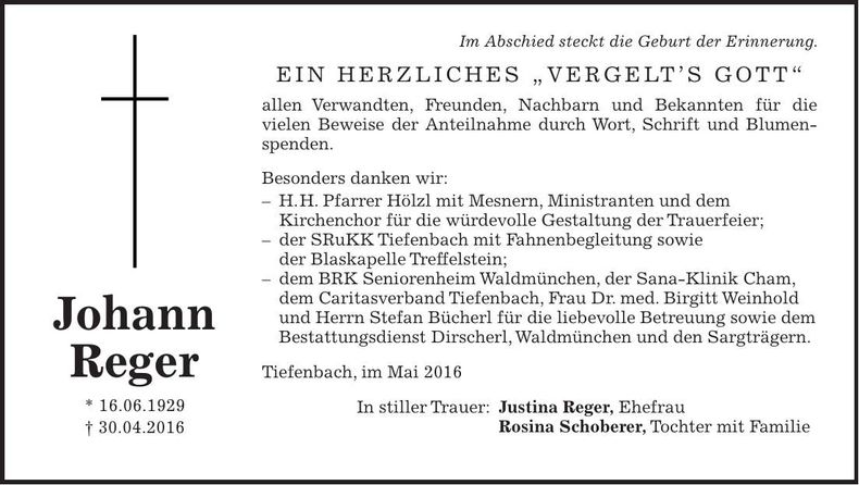 Traueranzeige Johann Reger