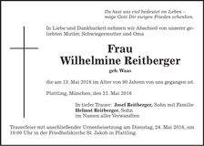 Traueranzeige Wilhelmine Reitberger