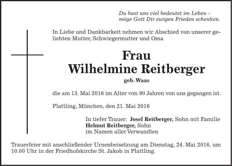 Traueranzeige Wilhelmine Reitberger