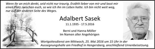 Traueranzeige Adalbert Sasek