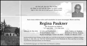 Traueranzeige Regina Paukner