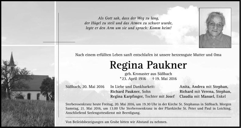 Traueranzeige Regina Paukner