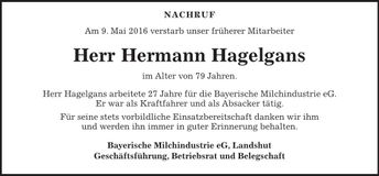 Traueranzeige Hermann Hagelgans