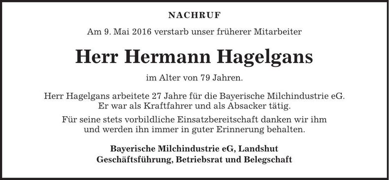 Traueranzeige Hermann Hagelgans