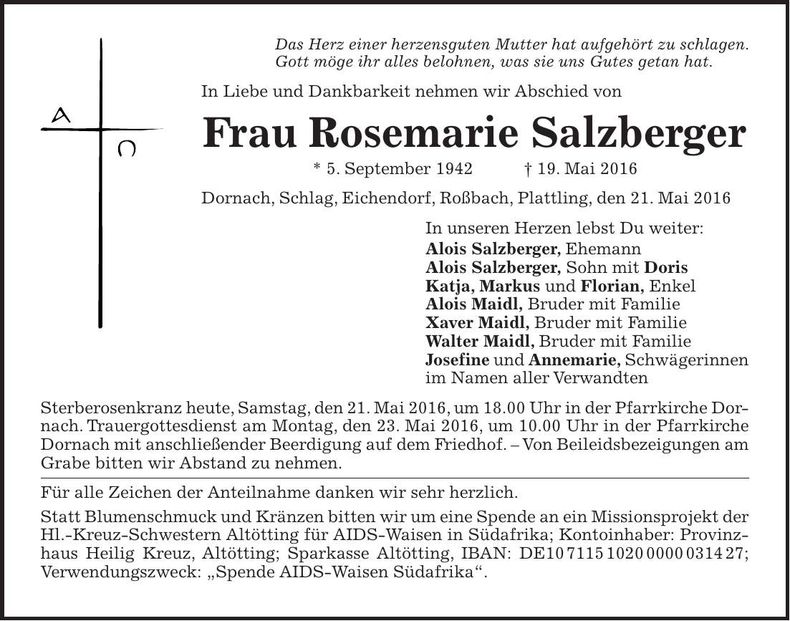 Traueranzeige Rosemarie Salzberger