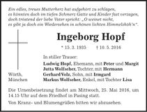 Traueranzeige Ingeborg Hopf